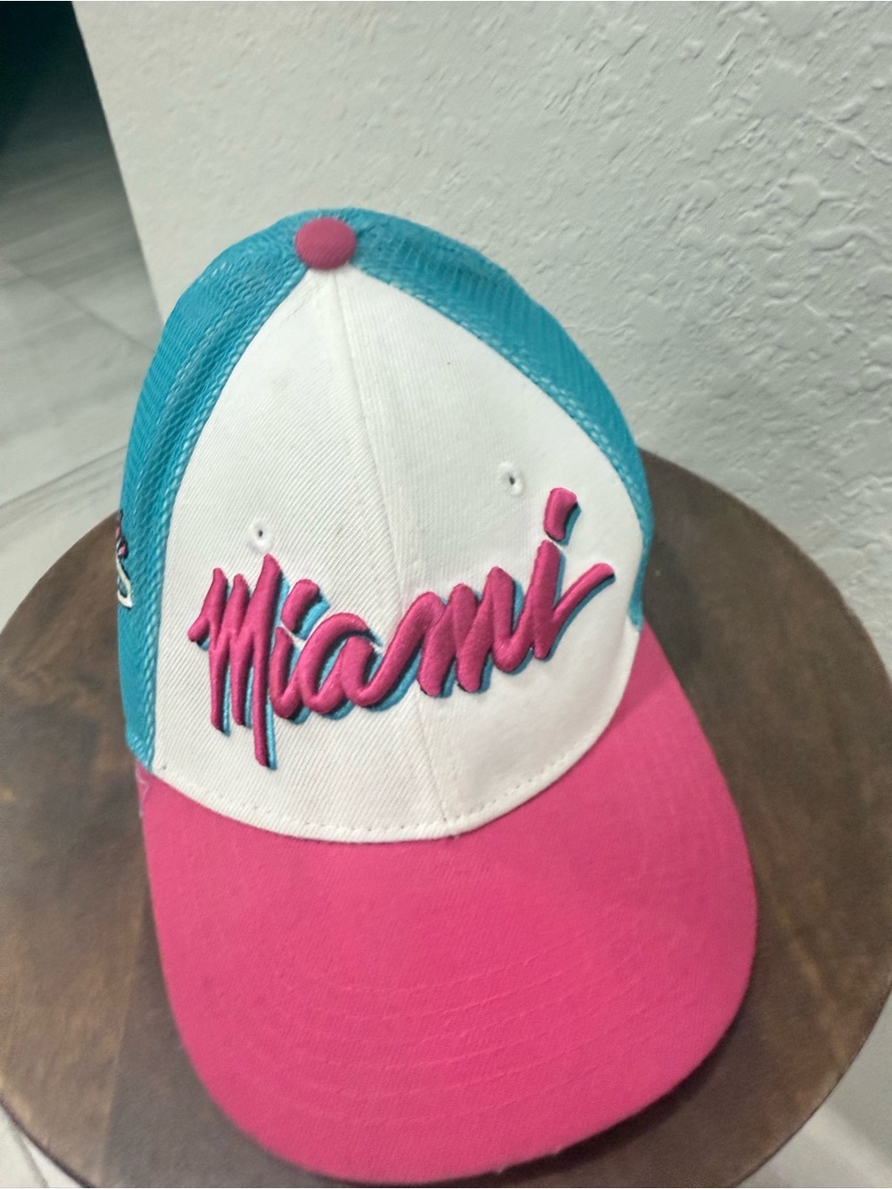 Miami Script Kids Trucker Hat - White, Teal & Pink